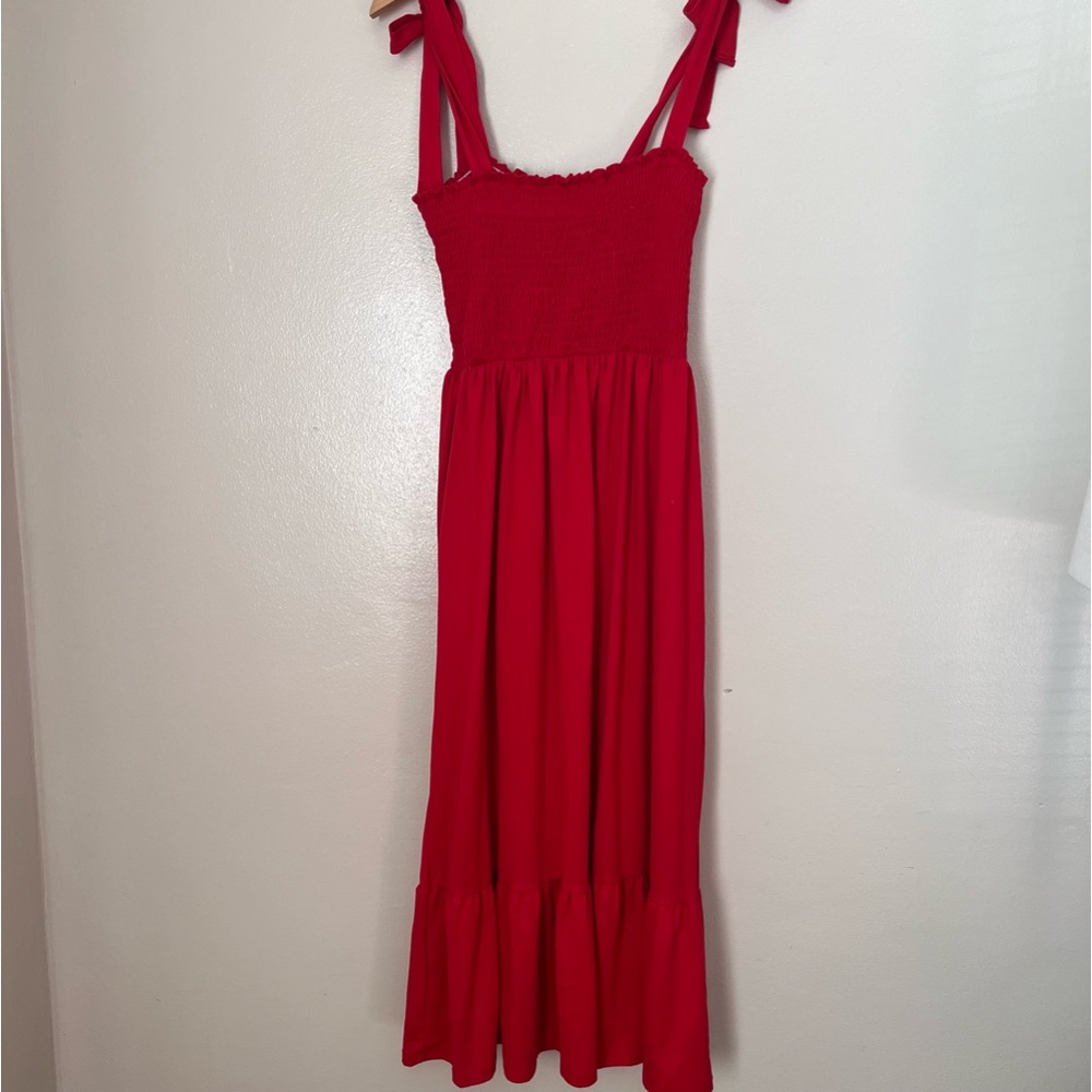 Red Solid Self-Tie Smocked Maternity Midi Dress - image 6